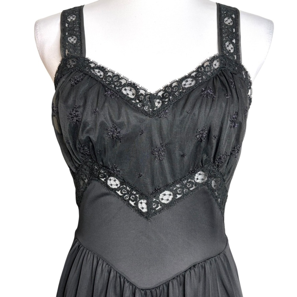 Vintage 60s Whimsigoth Slip Dress S Black Lace Trim V Waist Nightgown Rogers - Picture 5 of 11